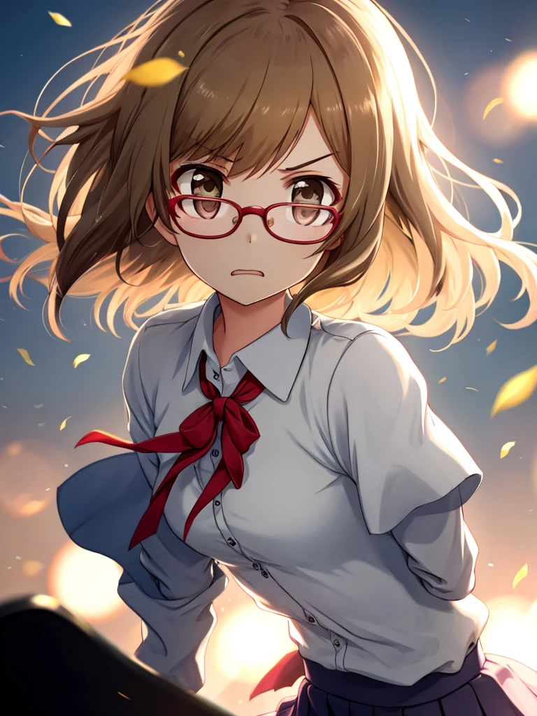 girl, Glasses, uniform, Upper Body, (anger: 1.1), Bright light, Background blur, Depth of written boundary, Blurred Background, Strong winds, 