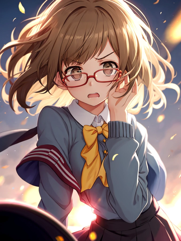 girl, Glasses, uniform, Upper Body, (anger: 1.1), Bright light, Background blur, Depth of written boundary, Blurred Background, Strong winds, 