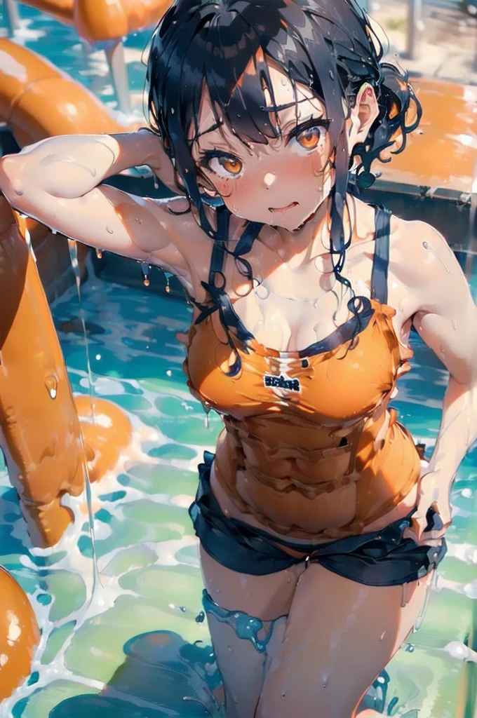 (Dripping wet with slippery liquid lotion:1.5),(((Orange swimsuit((Orange camisole)),Navy blue piping))),((Navy blue shorts)),Black Hair,(Water playground in the park:1.2),(Leaning forward pose:1.4),