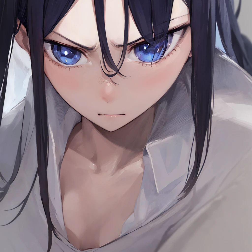 1girl, long straight dark blue eyes hair, pale blue eyes, angry face, wearing white shirt, just woke up in he middle of the night, sanpaku, (close up)