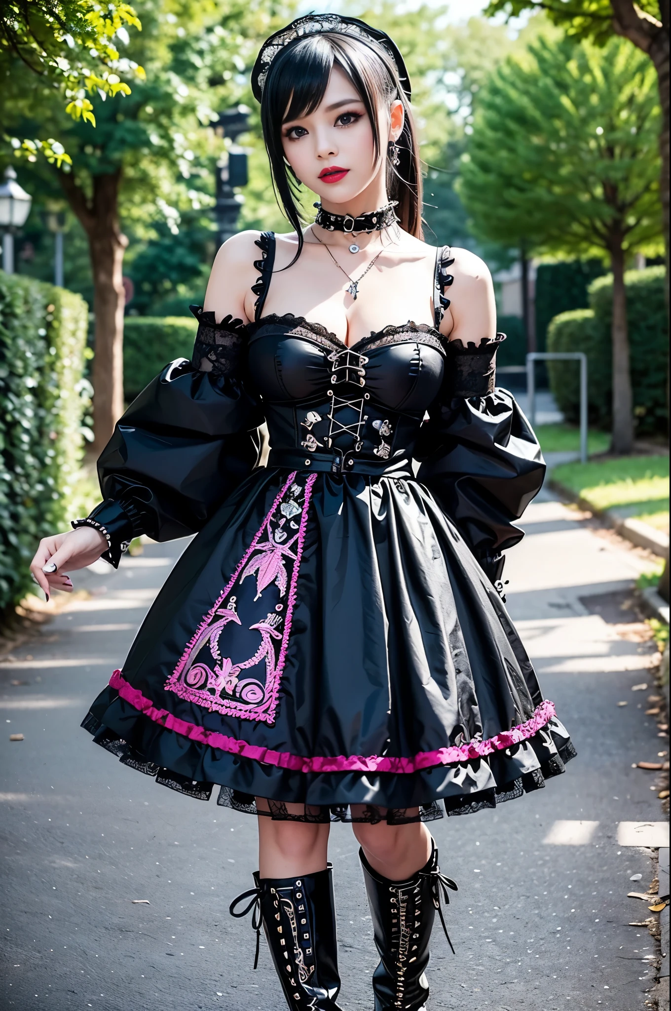 sexy stylish Swedish model, only 1 female, ((doll-like appearance)), short neon pink stylish hair, ((shiny Punk-Style boots)), (beautiful smile), ultra detailed eyes, long lashes, metallic makeup, lip-gloss, ((sexy Punk Lolita cosplay)), unconventional skirt, petticoats, high neckline, ((ultra detailed lace)), ((ultra detailed embroidery)), intricate details, tartan patterns, Punk Lolita accessoires, Punk Lolita choker, ((large sparkling Punk Lolita jewelry)), cinematic light, detailed large park background with trees