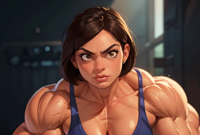 (masterpiece:1.2), (best quality), (ultra detailed), (8k, 4k, intricate),(full-body-shot:1), (highly detailed:1.2),(detailed face:1.2), (detailed background), muscle woman with brunette hair wearing top and gold bracelets, muscle woman, big muscles, huge muscles, massive muscles, mature woman