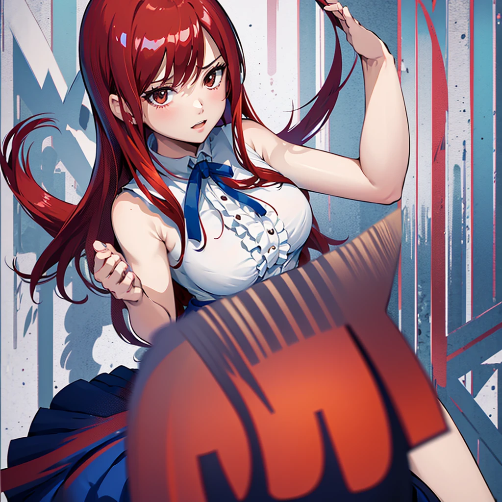 masterpiece, best quality, highres, fairy tail, 1girl, long hair, red hair, brown eyes, neck ribbon, bare shoulders, white shirt, sleeveless, center frills, blue skirt, hair over one eye,nsfw,(skirt lift:1.3),(white pantie:1.1), showing off panties,