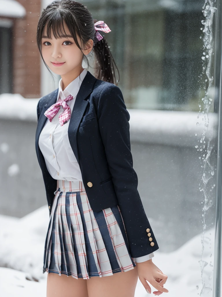 ((smile))、Confused、RAW Photos、(((The ultimate portrait masterpiece)))、((The cutest girl in the world))、1 Girl、12 years old、Japanese、Cute face、((Silky Hair))、(A high ponytail tied with a ribbon:1.4)、((Super huge breasts:1.4))、((Eyes that shine like jewels))、Glowing Skin、(young woman;Consisting of a transparent white shirt, Thin ribbon, blazer, Checkered Pleated Skirt.:1.5)、Winter clothes、(Uniforms made from high quality fabrics:1.4)、Ultra-detailed uniforms、(She shyly pulls up her skirt:1.3)、(Elegant lace panties are visible.:1.3)、((Crotch from the front))、Skirt fluttering in the wind、eyeliner、Beautiful Bangs、Hair between the eyes、((solve、High resolution))、Detailed Background、8 QHD、Digital SLR、Soft Light、high solve、Film Grain、Fujifilm XT3、Shallow depth of field、自然なSoft Light、Tight waist,(sometimes upskirt:50%),(Nipples pumping:50% or pussy line pumping:20%),(Get wet from heavy snow:50% or get wet in heavy rain:50%)