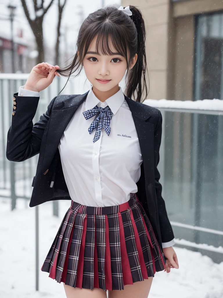 ((smile))、Confused、RAW Photos、(((The ultimate portrait masterpiece)))、((The cutest girl in the world))、1 Girl、、Japanese、Cute face、((Silky Hair))、(A high ponytail tied with a ribbon:1.4)、((Super huge breasts:1.4))、((Eyes that shine like jewels))、Glowing Skin、(young woman;Consisting of a transparent white shirt, Thin ribbon, blazer, Checkered Pleated Skirt.:1.5)、Winter clothes、(Uniforms made from high quality fabrics:1.4)、Ultra-detailed uniforms、(She shyly pulls up her skirt:1.3)、(Elegant lace panties are visible.:1.3)、((Crotch from the front))、Skirt fluttering in the wind、eyeliner、Beautiful Bangs、Hair between the eyes、((solve、High resolution))、Detailed Background、8 QHD、Digital SLR、Soft Light、high solve、Film Grain、Fujifilm XT3、Shallow depth of field、自然なSoft Light、Tight waist,(sometimes upskirt:50%),(Nipples pumping:50% or pussy line pumping:20%),(Get wet from heavy snow:50% or get wet in heavy rain:50%)