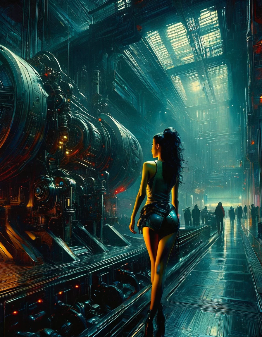 (highly detailed,cinematic lighting,dramatic colors,intricate machinery,futuristic technology,epic scale,moody atmosphere,sexy girl in scene, dark and gritty,masterpiece,best quality,8k,photorealistic,professional) (art inspired in Bill Sienkiewicz). oil painting)
