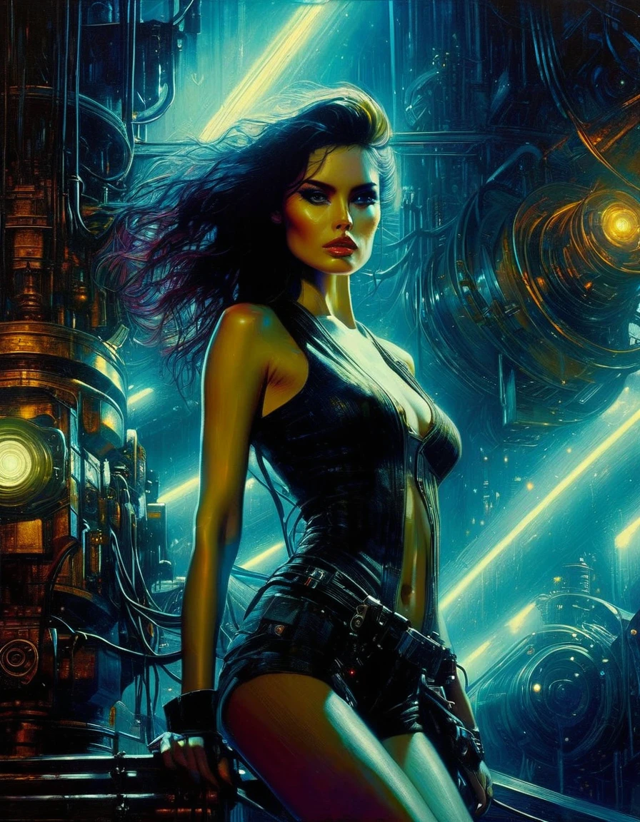 (highly detailed,cinematic lighting,dramatic colors,intricate machinery,futuristic technology,epic scale,moody atmosphere,sexy girl in scene, dark and gritty,masterpiece,best quality,8k,photorealistic,professional) (art inspired in Bill Sienkiewicz). oil painting)
