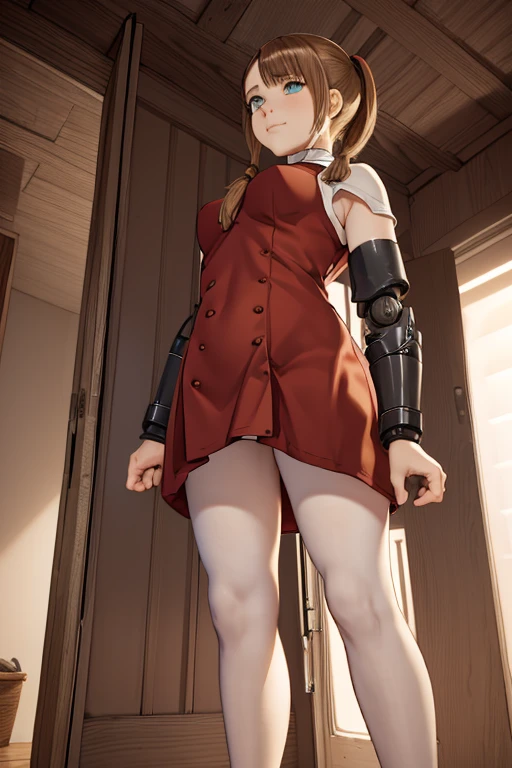 A female robot is sleeping in the bedroom, Spread your legs, nude, Banzai pose. She is not wearing a dress. Her short brown hair is tied with two large red clothespins, She lifts the hem of her plain white dress, Lean on, masterpiece, Very short pigtails,Brown Hair, mature, Android, blue eyes, whole body像, height: 160cm, Blushed, 2020s anime images, A beautiful robot with short Brown Hair in two short pigtails held up by two very large huge red clothespins, boost mood, Browsing Caution, whole body, barefoot, Old-fashioned smile, Get an orgasm, Age 25, Sweat bucket. 