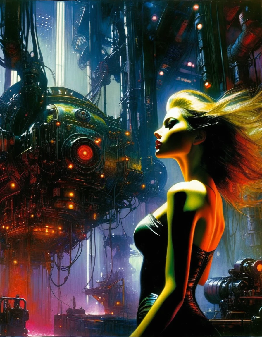 (highly detailed,cinematic lighting,dramatic colors,intricate machinery,futuristic technology,epic scale,moody atmosphere,sexy girl in scene, dark and gritty,masterpiece,best quality,8k,photorealistic,professional) (art inspired in Bill Sienkiewicz). oil painting)
