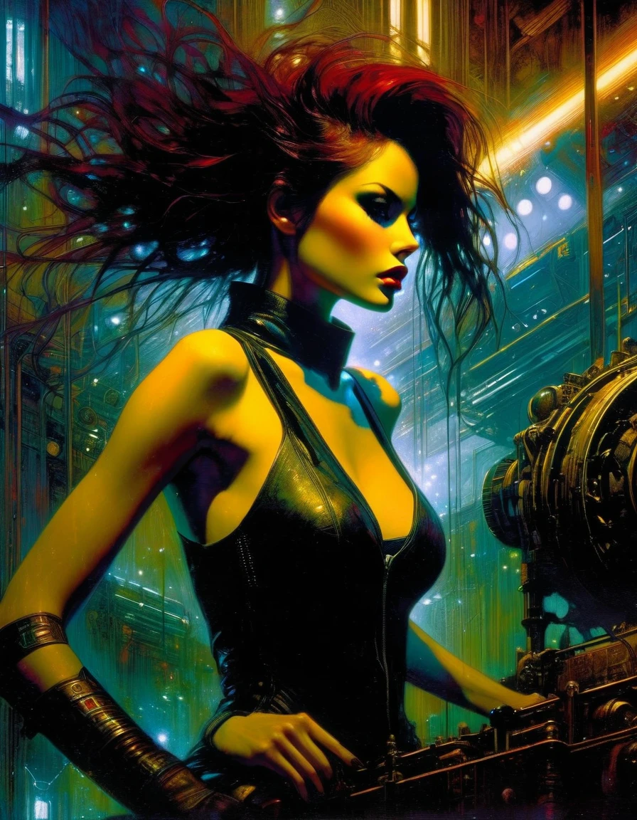 (highly detailed,cinematic lighting,dramatic colors,intricate machinery,futuristic technology,epic scale,moody atmosphere,sexy girl in scene, dark and gritty,masterpiece,best quality,8k,photorealistic,professional) (art inspired in Bill Sienkiewicz). oil painting)
