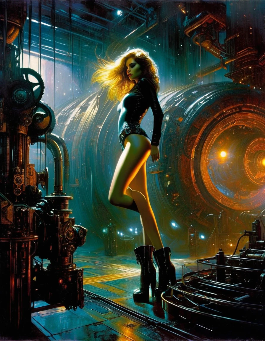 (highly detailed,cinematic lighting,dramatic colors,intricate machinery,futuristic technology,epic scale,moody atmosphere,sexy girl in scene, dark and gritty,masterpiece,best quality,8k,photorealistic,professional) (art inspired in Bill Sienkiewicz). oil painting)