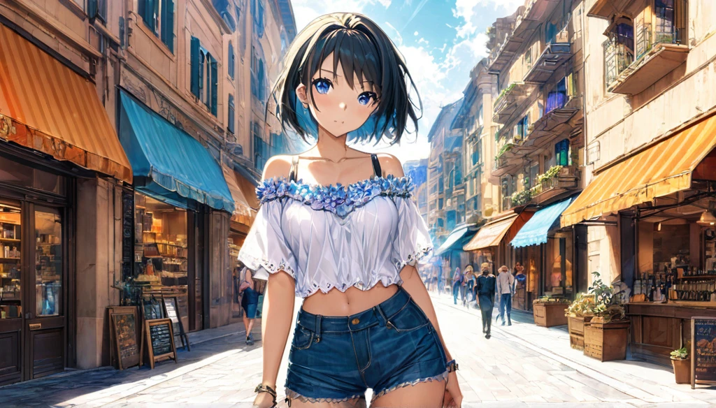 ((Anime Infinite Stratus Art, 8k, ultra full high definition, epic quality, epic texture)). The theme is mysterious.  The setting is a street in Rome, it's summer, it's daytime, there are some shops, there are people passing by the scene.  The focus is a girl, her name is Yukiko, , very short stature, very messy blonde hair(short:1.9) with bangs, ice blue eyes, wonderful face, she has white skin, shapely 13 years bodw chest, large and round breasts, thin waist, very narrow hips, big and perky butt, she's wearing denim shorts(short:1.9) and a very low-cut flowery shirt(short:1.9), she's naive and sensual, she's strolling through the scene, her back is turned, a full view of her body. The theme is mysterious.  