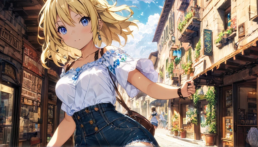 ((Anime Infinite Stratus Art, 8k, ultra full high definition, epic quality, epic texture)). The theme is mysterious. The setting is a street in Rome, it's summer, it's daytime, there are some shops, there are people passing by the scene. The focus is a girl, her name is Yukiko, , very short stature, very messy blonde hair(short:1.9) with bangs, ice blue eyes, wonderful face, she has white skin, shapely 13 years bodw chest, large and round breasts, thin waist, very narrow hips, big and perky butt, she's wearing denim shorts(short:1.9) and a very low-cut flowery shirt(short:1.9), she's naive and sensual, she's strolling through the scene, her back is turned, a full view of her body. The theme is mysterious.