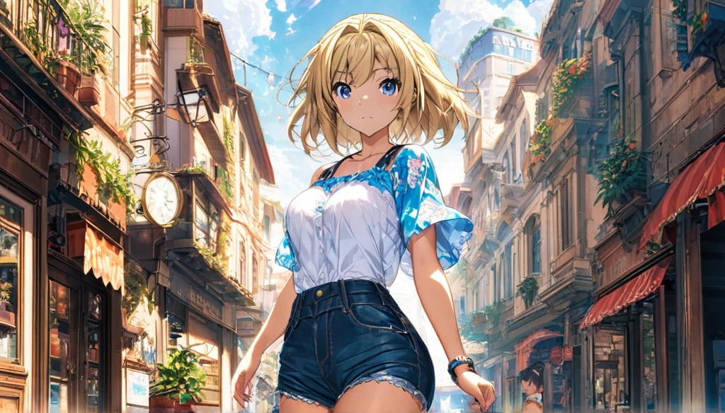 smiles confidently;, Blue eyes, blonde hair, draw up, (чрезвычайно подробные обои CG Unity 4k),(masterpiece),(Best quality),(ultra detailed),(best illustration),(best shadow),(absurdity),(detailed background), Modern setting, park, Short blonde hair (unkempt and dirty), sundress, cowgirl boots,