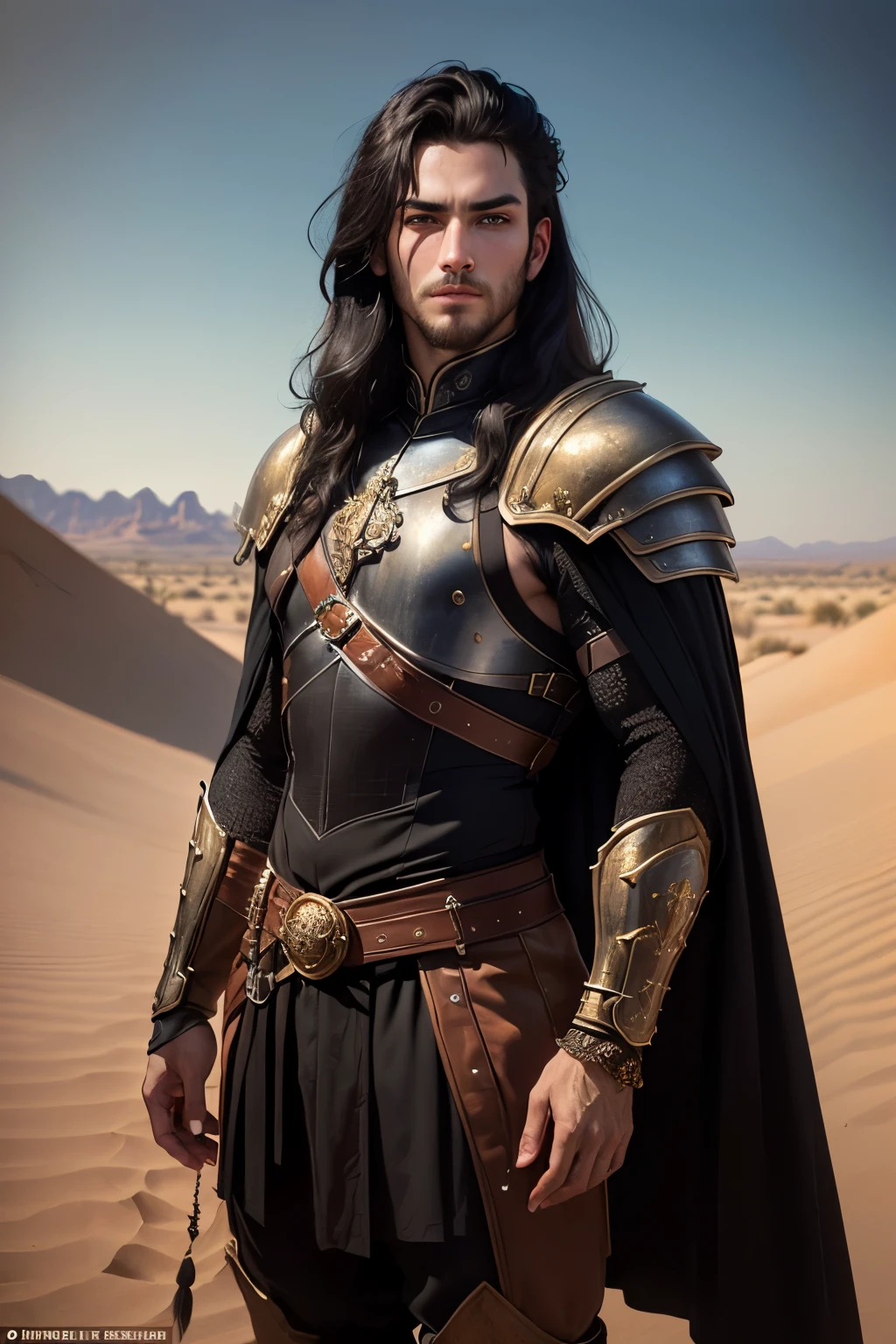 ((best quality)), ((masterpiece)), (detailed), Prize-winning works, with incredible details, maximum textures and details, mantea ,1 An adventurous warrior man in dark black light armor, long black hair (30 year old murderer:1.1,detailedeyes, face detailed, whole body:1.1,the background is a desert ),(best qualityer:1.2,ultra detali:1.1,realisitic:1.37),stone medieval ancient city ,eyeshadows,hidden identity,sharp focus,swirly vibrant colors,), (twilight), (natta), 8K