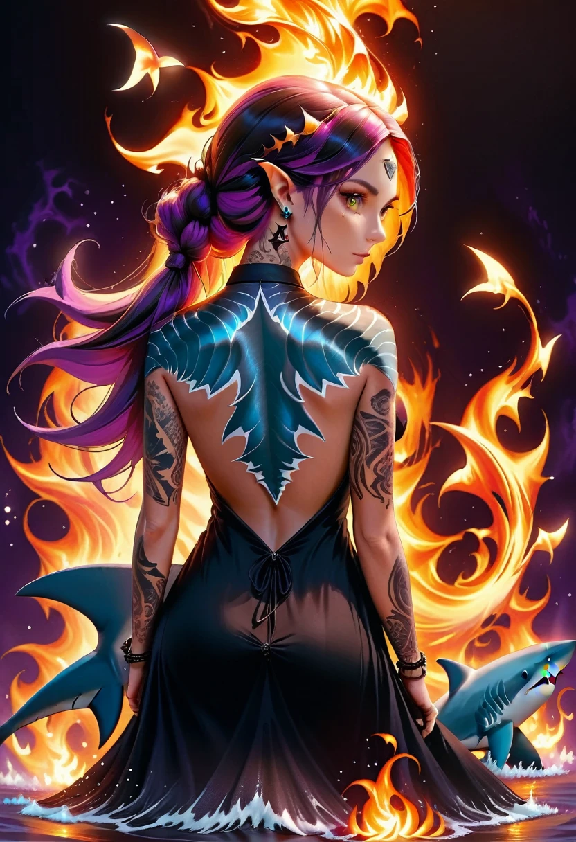  a picture of a an elf with  a ((tattoo of a shark: 1.5)) on her back, Dark fantasy art, fantasy art, goth art,, a glowing tattoo of a ((shark: 1.3)) on the back of the elf, the ((shark tattoo)) is vivid, intricate detailed coming to life from the ink to real life, GlowingRunesAI_purple, ((fire surrounds the shark: 1.5)), shoot taken from the back, ((the back is visible: 1.3), she wears a transparent black dress, the dress is elegant, flowing, elven style, that the tattoos glow, dynamic hair color, dynamic hair style, faize,, Digital Painting, Intense gaze