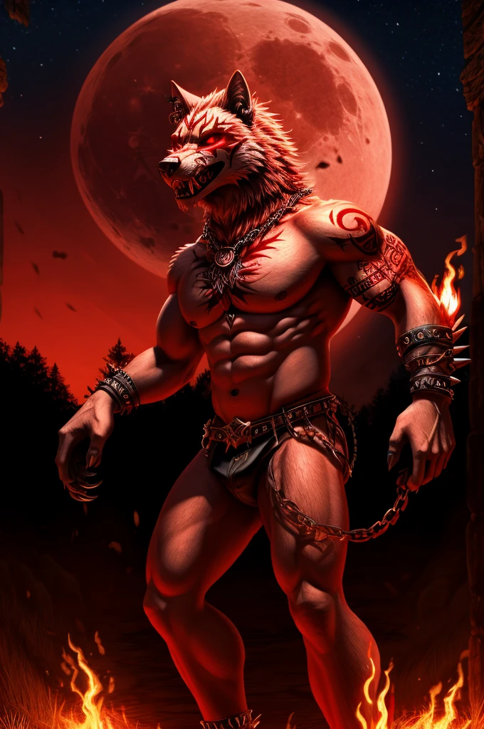 A 3d creepy .EXE red and white wolf demon anthro human boy, with ancient words on its back with sharp claws, sharp teeth, tattoos, fantasy, punkstyle, with ear piercing, standing straight up, zoomed out, add some scars on its face, add spikes on along its back, showing its stomach, with a moon in the background, with tattoos on its arm, and skull on its shoulder, can you add some magical flames around it, Change its expression to fierce or mysterious, can you add some brighter red flames around it, add some scars on its body, with a dark background with stars and the blood moon, make the eyes look blood moon red, add a Wolf tail with red stripes and white fur on its back, add spikes to its arms, add a Wolf Amulet around its neck glowing, can you add firely mist around its feet, and you add red mist in the sky with the blood moon in the background, with belly piercing, add some battle scars, can you add chains around its chest and arms, add a glowing to its sharp claws, add glowing runes to the tattoos, can you add red lightning off of the wolf, change the sky to a red demon, 8k realistic
