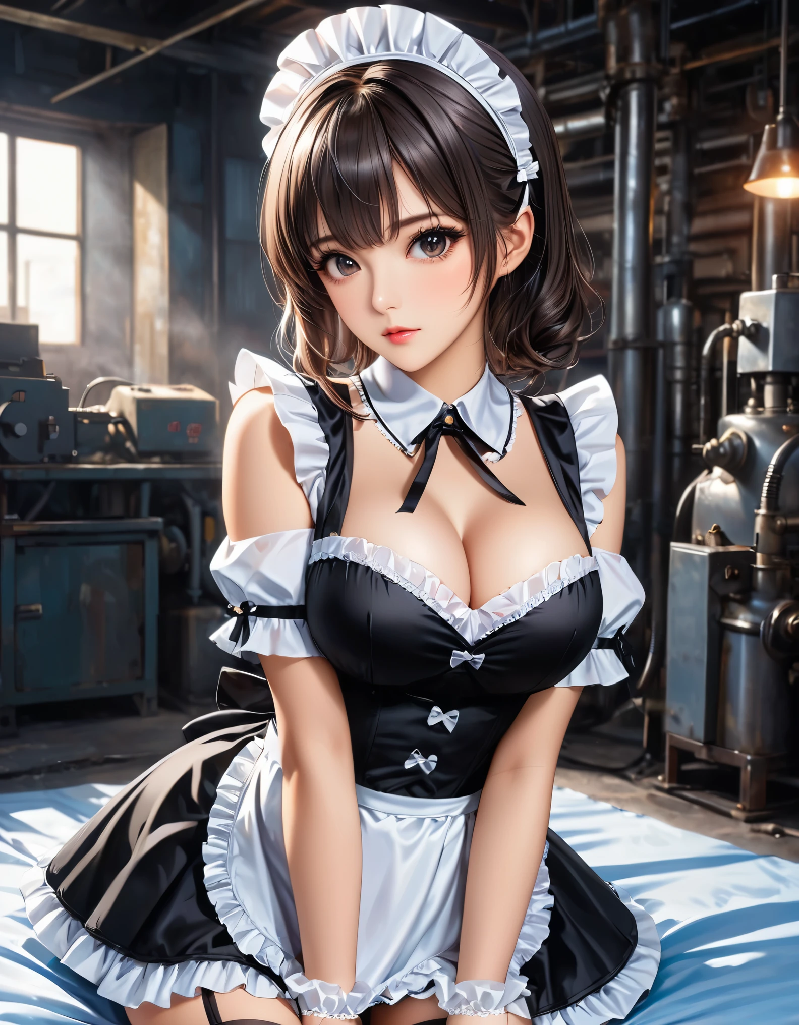 The image features a young woman in a provocative maid costume. She has short, grayish-brown hair with bangs and is wearing a maid headband. Her outfit includes a low-cut, ruffled dress that exposes a significant amount of cleavage, with matching thigh-high stockings that have lace trim. The woman is on her hands and knees on a light blue sheet, looking directly at the camera with a serious expression. There is some thick milky  on her face and chest, giving a suggestive impression. The background includes a dimly lit indoor setting with various industrial elements. The overall scene is highly stylized and erotic. Hyper realistic photo, vibrant colors, 16k