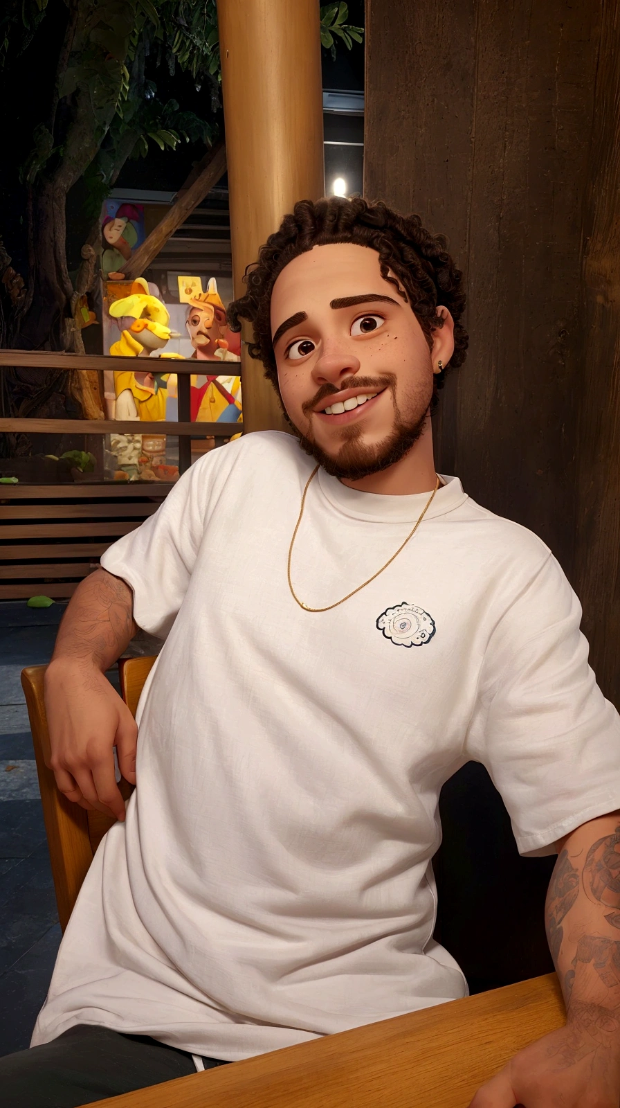there is a man sitting in a chair, curls on top of the head, high-quality portrait, caio santos, mid shot portrait, wearing a shirt, post malone, pete davidson, portrait of Danny González, Portrait of crazy Post Malone, Andreia Rocha, profile picture with headshot, cool teddy bear
