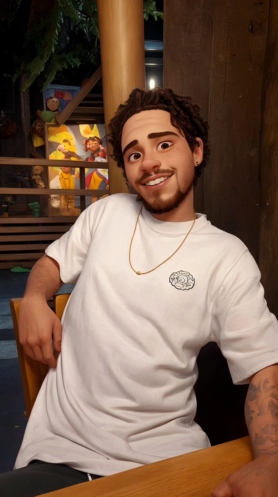 there is a man sitting in a chair, curls on top of the head, high-quality portrait, caio santos, mid shot portrait, wearing a shirt, post malone, pete davidson, portrait of Danny González, Portrait of crazy Post Malone, Andreia Rocha, profile picture with headshot, cool teddy bear