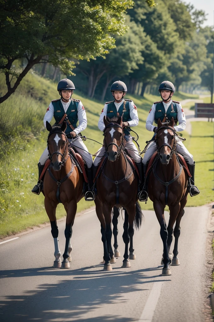 Five soldiers riding their horses on a road