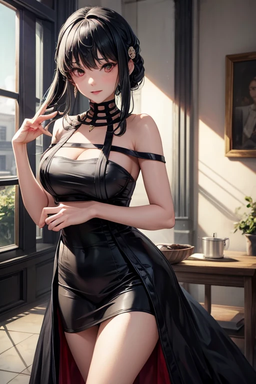 Make a beautiful woman in black dress 