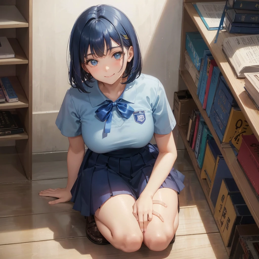 1. High school girl　-yeld fee　Bobcut　dark blue hair color　High School Uniform　Light blue Y-shirt　Short sleeve　Blue Ribbon　dark blue hair color　Slim figure　Large Breasts　Full body portrait　School library　Smiling Kindly　Laugh a little　library　Hand Signs　squat　Kneel　Look up here　