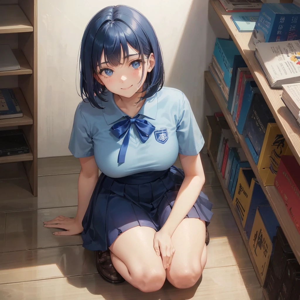 1. High school girl　-yeld fee　Bobcut　dark blue hair color　High School Uniform　Light blue Y-shirt　Short sleeve　Blue Ribbon　dark blue hair color　Slim figure　Large Breasts　Full body portrait　School library　Smiling Kindly　Laugh a little　library　Hand Signs　squat　Kneel　Look up here　