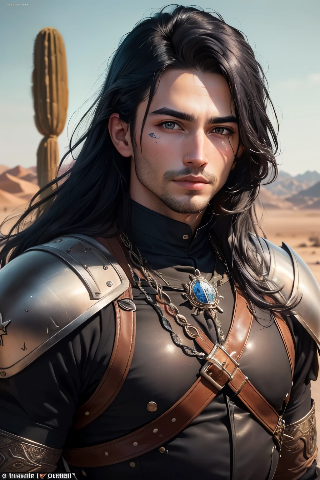 ((best quality)), ((masterpiece)), (detailed), Prize-winning works, with incredible details, maximum textures and details, mantea ,1 An adventurous warrior man in dark black light armor, long black hair (30 year old murderer:1.1,detailedeyes, face detailed, whole body:1.1,the background is a desert ),(best qualityer:1.2,ultra detali:1.1,realisitic:1.37),stone medieval ancient city ,eyeshadows,hidden identity,sharp focus,swirly vibrant colors,), (twilight), (natta), 8K