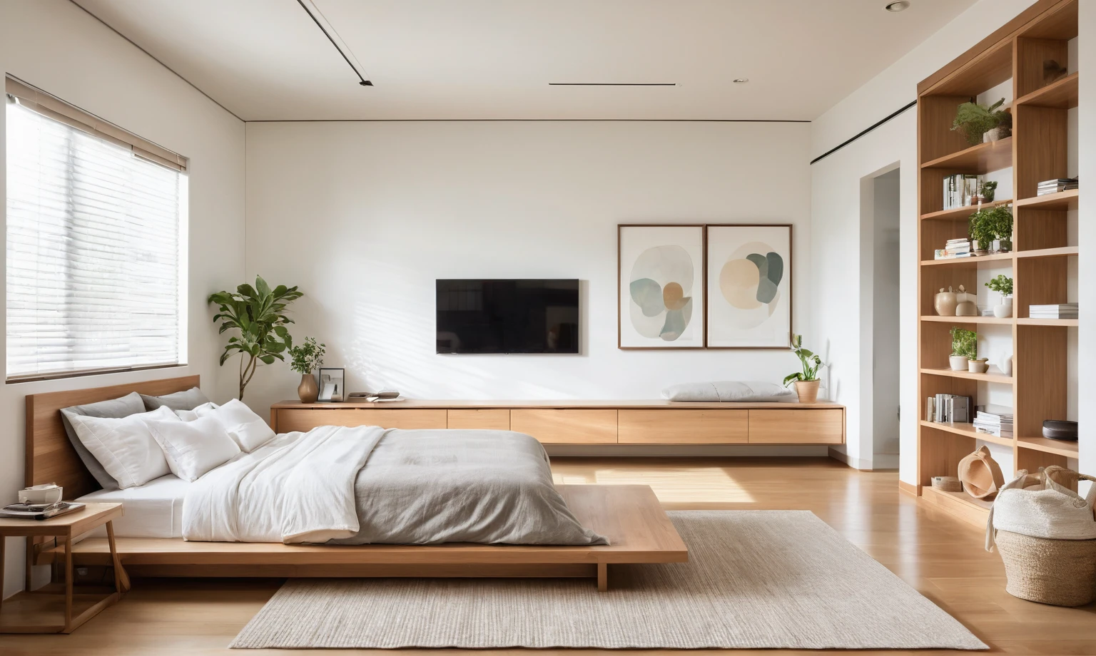 A serene Muji-style bedroom bathed in warm light from recessed downlights. Crisp white walls and natural wood accents create a tranquil ambiance. A flat-screen TV hangs above a minimalist shelf. A low-profile bed with [mention the specific colors of the bed linens] rests near a geometric wall decor. Natural light filters through a window with wooden blinds. Wooden armchairs with white cushions invite relaxation near a warm floor lamp. A potted plant and framed artwork add personal touches. ((8k)), high quality detail, minimalist design, neutral color palette, natural materials, clean lines, serene and functional, modern Japanese aesthetic, low-profile bed, geometric wall decor, floating shelf, wall-mounted TV, recessed ceiling, LED strip lighting, wooden blinds, wooden furniture, potted plant, framed artwork.