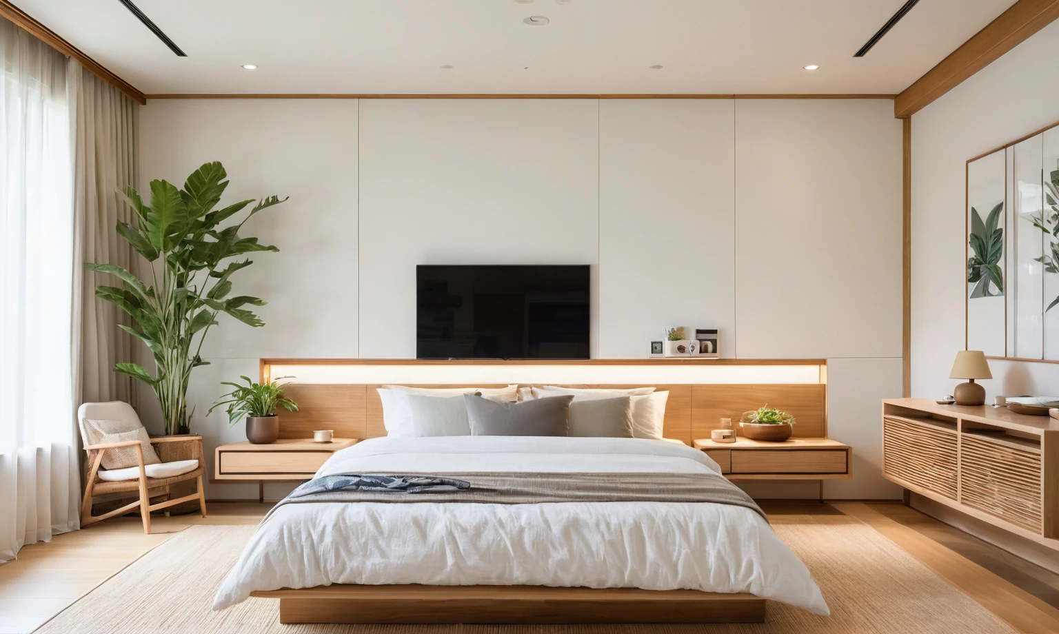 A serene Muji-style bedroom bathed in warm light from recessed downlights. Crisp white walls and natural wood accents create a tranquil ambiance. A flat-screen TV hangs above a minimalist shelf. A low-profile bed with [mention the specific colors of the bed linens] rests near a geometric wall decor. Natural light filters through a window with wooden blinds. Wooden armchairs with white cushions invite relaxation near a warm floor lamp. A potted plant and framed artwork add personal touches. ((8k)), high quality detail, minimalist design, neutral color palette, natural materials, clean lines, serene and functional, modern Japanese aesthetic, low-profile bed, geometric wall decor, floating shelf, wall-mounted TV, recessed ceiling, LED strip lighting, wooden blinds, wooden furniture, potted plant, framed artwork.
