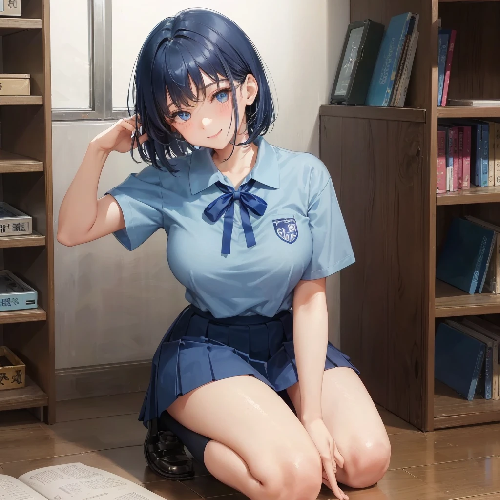 1. High school girl　17-year-old female　Bobcut　dark blue hair color　High School Uniform　Light blue Y-shirt　Short sleeve　Blue Ribbon　dark blue hair color　Slim figure　Large Breasts　Full body portrait　学校のlibrary　Smiling Kindly　Laugh a little　library　Hand Signs　Squat　Kneel　Look up here　