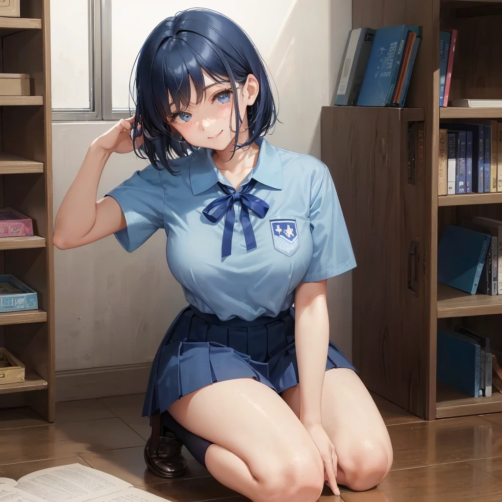 1. High school girl 17-year-old female Bobcut dark blue hair color High School Uniform Light blue Y-shirt Short sleeve Blue Ribbon dark blue hair color Slim figure Large Breasts Full body portrait 学校のlibrary Smiling Kindly Laugh a little library Hand Signs Squat Kneel Look up here