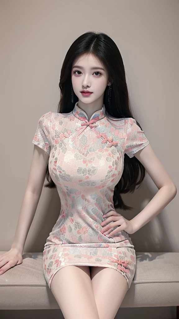 best quality,เอชดีอาR์,UHD,8K,bright colors,Tามลำพัง,Medium shot,(1 girl:1.5),(stand:1.3),from the front,soft light,(look at viewer:1.6),elegant,A detailed beautiful face,(พื้นหลังที่เRียบง่าย:1.1),คาวบอยช็อT,R.T,Chinese dress,(กางขาบนเTียงสไTล์จีน), Thin white panties