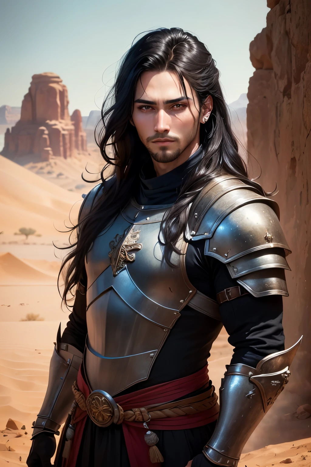 ((best quality)), ((masterpiece)), (detailed), Prize-winning works, with incredible details, maximum textures and details, mantea ,1 An adventurous warrior man in dark black light armor, long black hair (30 year old murderer:1.1,detailedeyes, face detailed, whole body:1.1,the background is a desert ),(best qualityer:1.2,ultra detali:1.1,realisitic:1.37),stone medieval ancient city ,eyeshadows,hidden identity,sharp focus,swirly vibrant colors,), (twilight), (natta), 8K