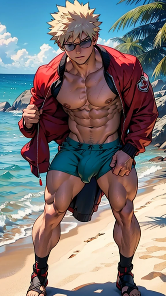 Katsuki Bakugo, 1boy, bikini, Tight muscles, Broad shoulders, Handsome, full body, body of a ager, Tiny underwear, Sexy, sex, Guy, , Sea, jacket, sunglasses, boy, floral bikini, red eyes, tight leg muscles, big bulge, 8k, masterpiece, hd