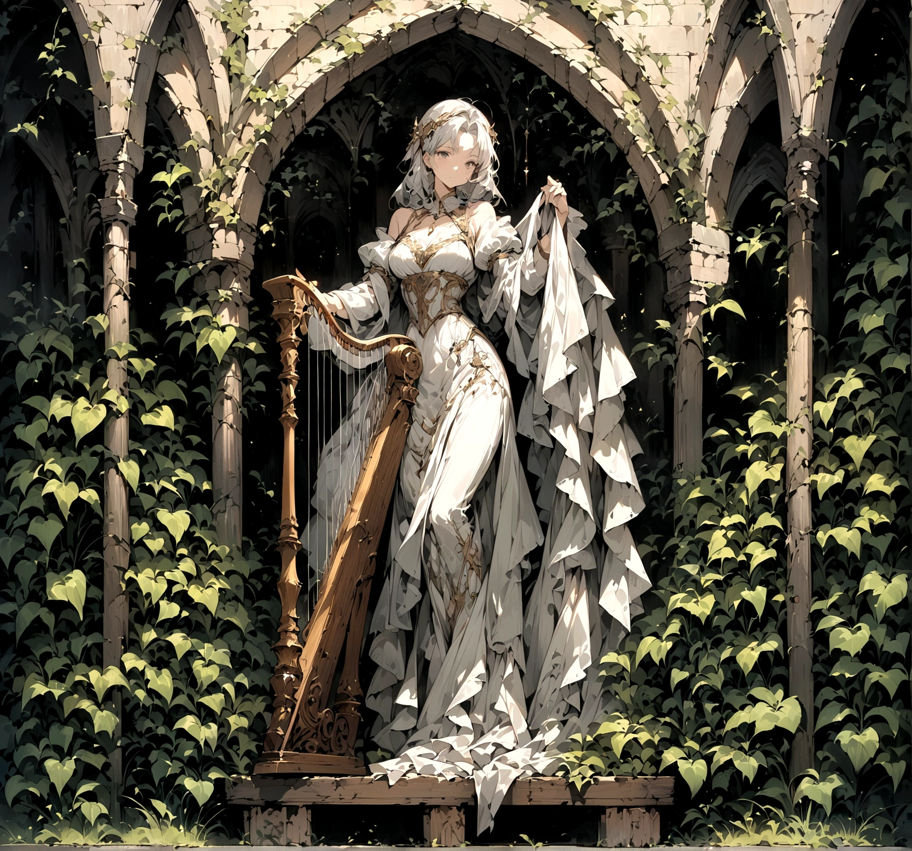 (HD), (masterpiece), (best quality), (Super detailed), (Best illustration), woman, Instrument 2Harp, whole body, middle Ages, Alone。