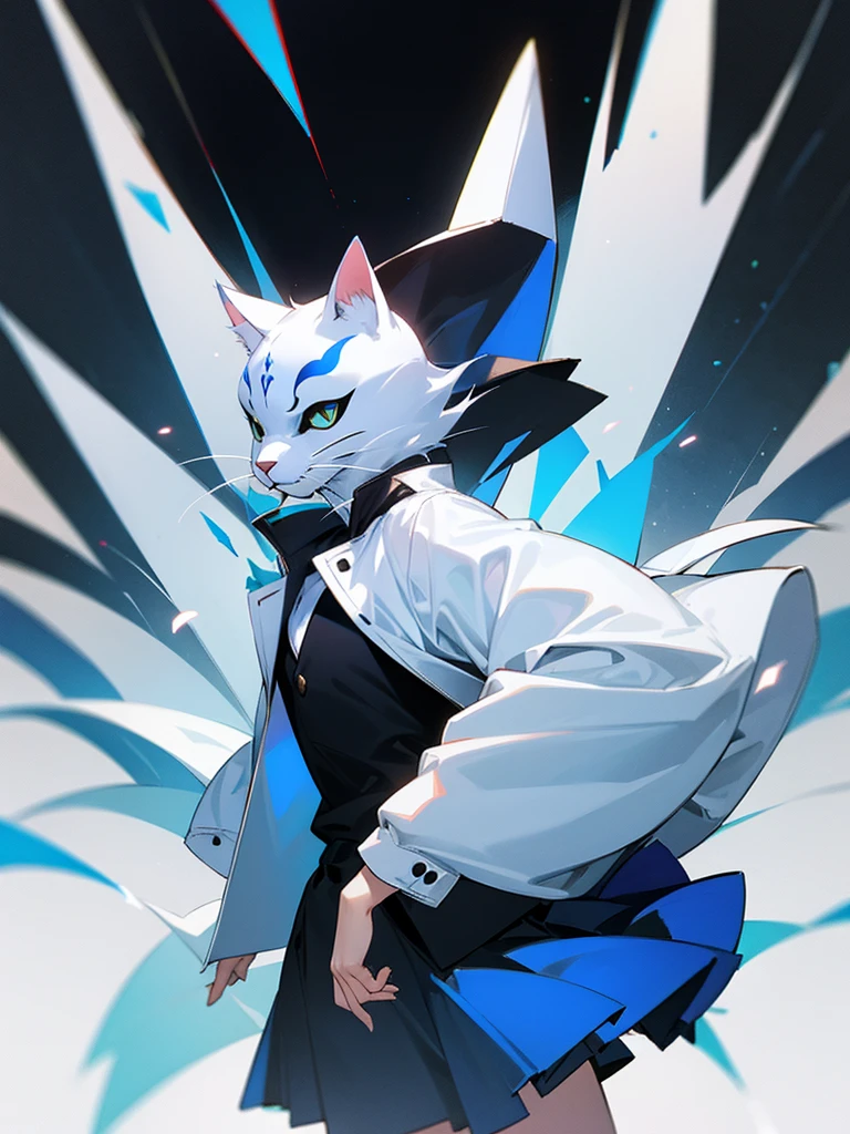 White cat mask, short black hair, white shirt, black jacket, blue skirt