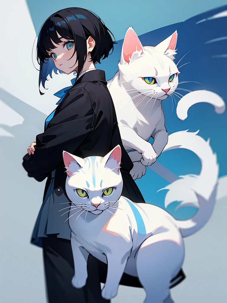 White cat mask, short black hair, white shirt, black jacket, blue skirt