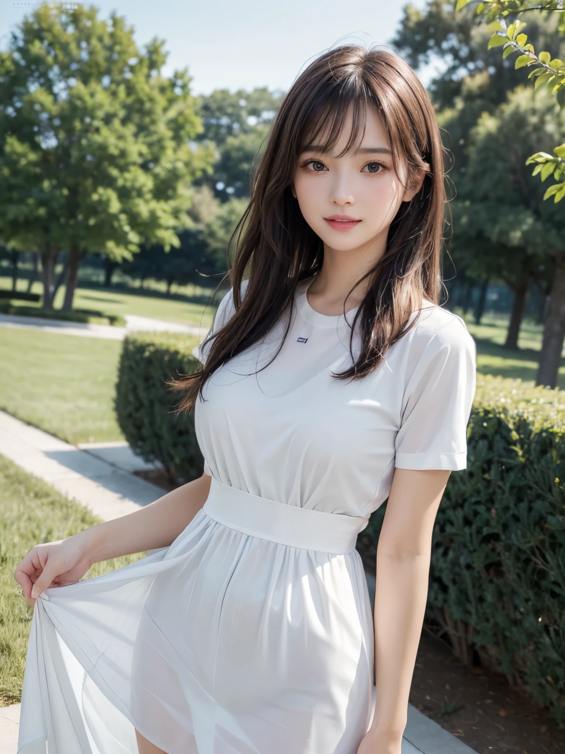 ((masterpiece: 1.3),8K, Realistic, RAW Photos, Highest quality: 1.4), (One Girl), beautiful顔, (Realistic Face), (Brown long hair: 1.3), bangs,A strong wind is blowing、grassland、There are a lot oふ trees、(((She is wearing a navy blue short-sleeved long dress.、White panties、Uniふorm leふt and right eyes))),blue sky 、Perfect dynamic composition,(High quality with attention to detail, Realistic depiction of eyes:1.3)、whole body、The whole is facing forward、２１talent、beauty、Well-formed face、Bangedium Build、Balanced ratio、beautiful足、Fresh face、beautiful景色、beautifulヘアスタイル, (bangs), (smile), smile, Realistic eyes, Gloss, highlight, highlight in the Eyes, eyelash, 目の中のbeautifulディテール, (Realistic Skin), Shooting from the air、beautiful肌, Transparency、(beautiful)、 bust, smile, teeth, Confused, charm, 超High resolution, Ultra-realistic, High resolution, Golden Ratio, Clear eyes, Wet, Mole, Looking into the camera, ear, Shine, Long neck, double eyelid, Big eyes, cheek, kind character, charm personality, kind, Move, 圧倒的なcharm, bright personality