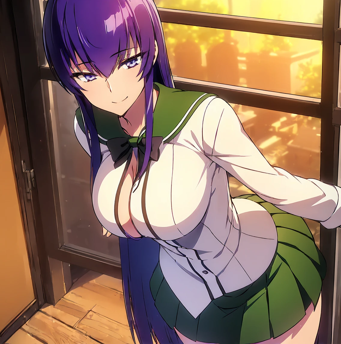 ((1girl)), ((alone)),Busujima Saeko, ((extremely detailed CG unity 4k wallpaper)), (masterpiece), (ultra quality), (ultra detailed), (best illustration), (best shadow), (extremely detailed), looking at viewer, (absurdities), (detailed background), curvy body, dynamic pose, cowboy photo, large breasts, medium waist, wide hips, wide thighs, round butt, ((hair long, bluish golden hair, straight hair, bluish purple eyes, green sailor collar, black bow tie, white shirt, long sleeves, pleated skirt, green skirt, short skirt, black thigh-high stockings, white sneakers, smile, closed mouth)), , ,seductive, standing, cowboy photo, backlight, ((solo)), ((standing: 1.4, interior, Japanese school, classroom, desk, window, dusk, (serene expression, seductive smile ,sexy, closed mouth, sexy pose), looking forward, ((focus on breasts), point of view: (from middle), perfect anatomy, perfect hands,