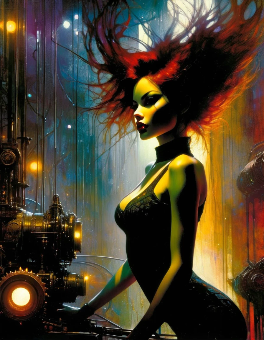 (highly detailed,cinematic lighting,dramatic colors,intricate machinery,futuristic technology,epic scale,moody atmosphere,sexy girl in scene, dark and gritty,masterpiece,best quality,8k,photorealistic,professional) (art inspired in Bill Sienkiewicz). oil painting)
