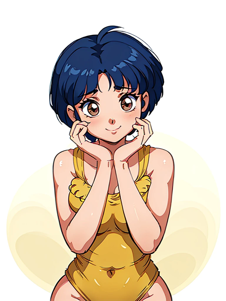 ((1girl, TendouAkane, AkaneYellowSwimsuit, white background)), upper body, anatomically correct, fixed hand, ((hands on chin)), short hair, chibi, simple background, smile, five finger hand