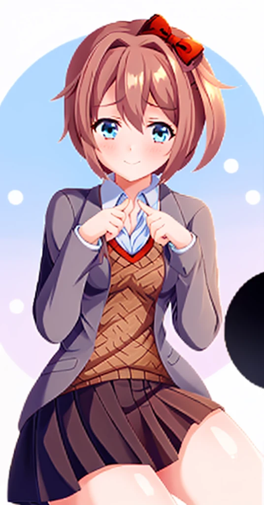 one girl, Sayori, DDLC, school blazer, hair bow, close to girl, light blue eyes, beautiful, index finders together, ashamed, blush, upward glance, dry smile, index finders, shifty eyes, short skirt, legs, girl focus, slender