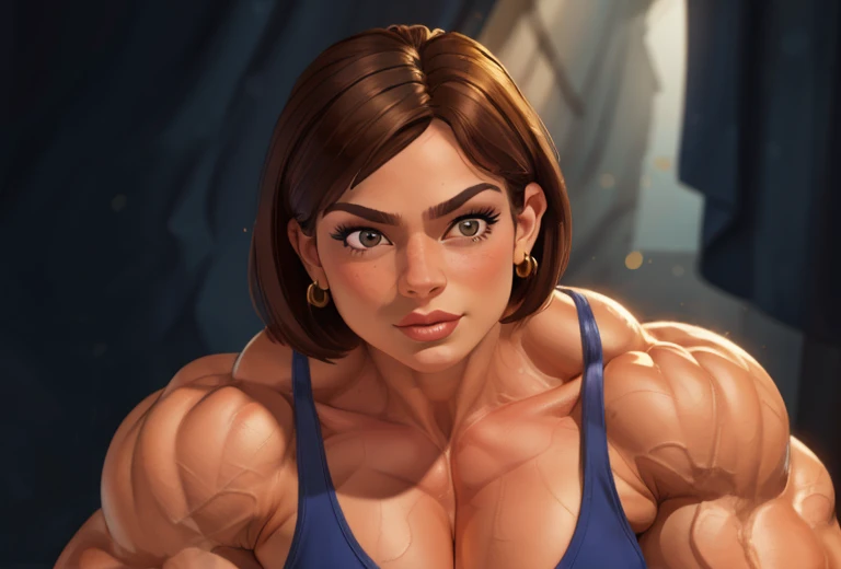 (masterpiece:1.2), (best quality), (ultra detailed), (8k, 4k, intricate),(full-body-shot:1), (highly detailed:1.2),(detailed face:1.2), (detailed background), muscle woman with short, layered pixie cut brunette hair flexing massive muscles, most muscular pose, girl with huge muscles in an 90s movie setting, muscle girl, 90s movie setting