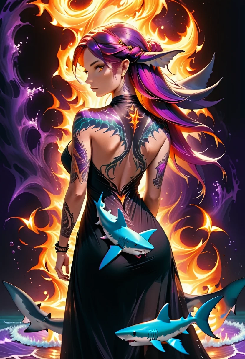  a picture of a ((tattoo of a shark: 1.5)) on the back of a female elf with, Dark fantasy art, fantasy art, goth art,, a glowing tattoo of a ((shark: 1.3)) on the back of the elf, the ((shark tattoo)) is vivid, intricate detailed coming to life from the ink to real life, GlowingRunesAI_purple, ((fire surrounds the shark: 1.5)), shoot taken from the back, ((the back is visible: 1.3), she wears a transparent black dress, the dress is elegant, flowing, elven style, that the tattoos glow, dynamic hair color, dynamic hair style, faize,, Digital Painting, Intense gaze