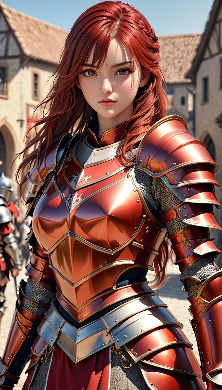 {{{photorealistic, masterpiece, best quality, ultra-detailed, high resolution, detailed eyes, detailed hair}}}, beautiful girl, {knight}, slim, full armor, red armor, armored skirt, {{cowboy shot}}