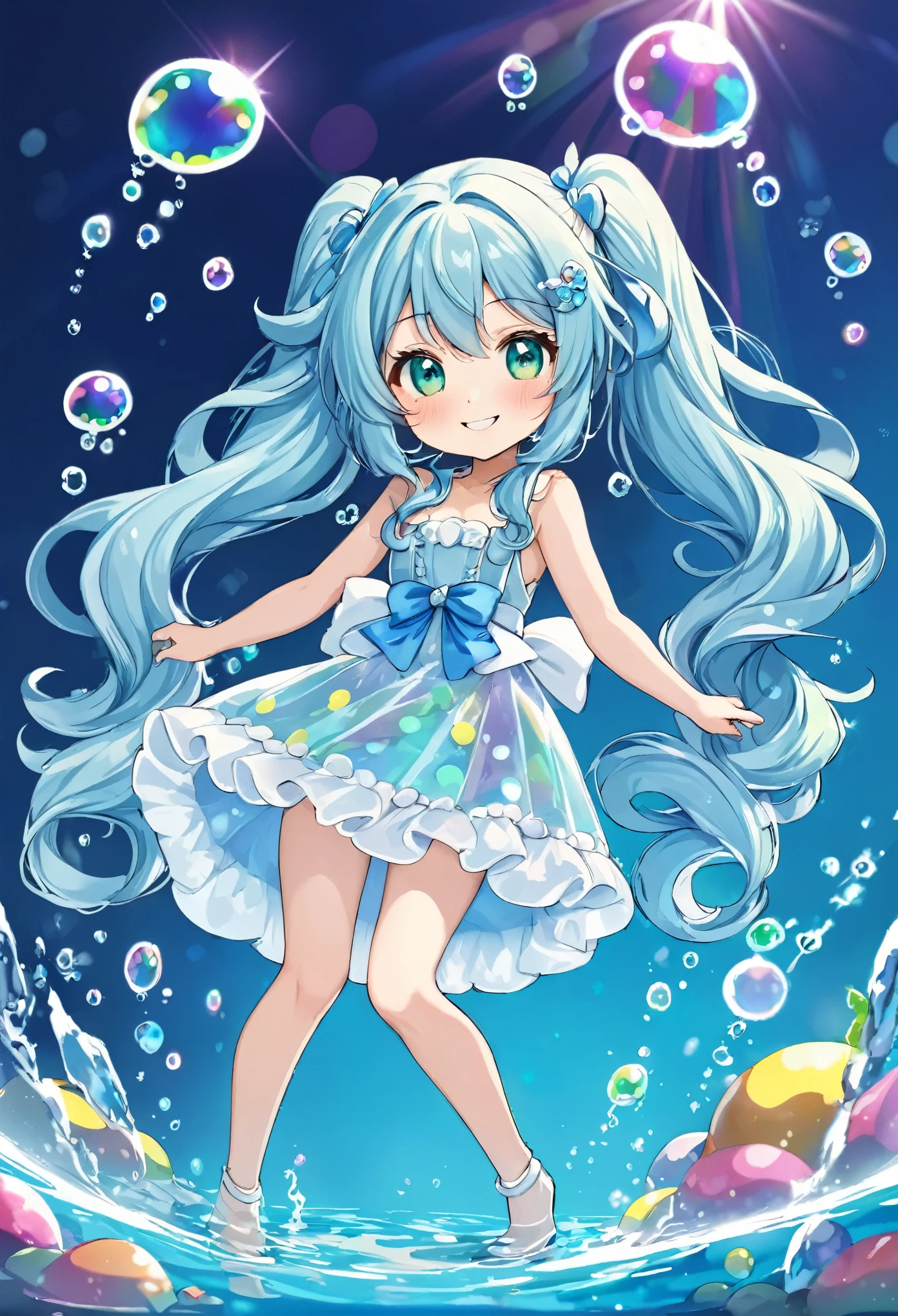 Chibi character in water with lots of bubbles Lots of big bubbles Rainbow bubbles Light blue long hair Twin-tailed Chibi Character In crystal clear water Smiling Girl
