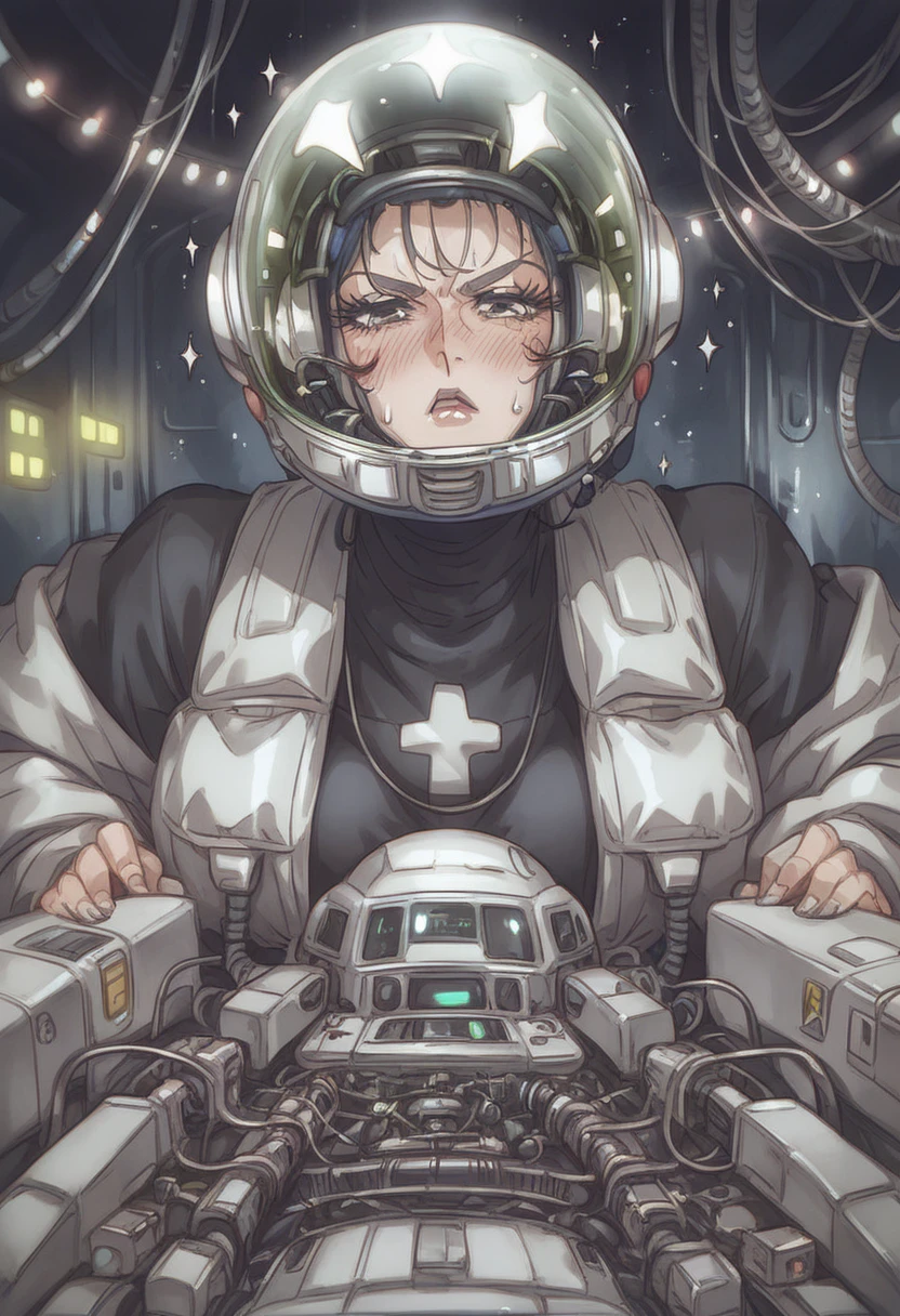 score_9, score_8_up, score_7_up, ((gothic vampire piloting in gothic spacecraft)), vintage anime, ((from below)), ((120 fov)), ((((gothic)) control panels)), ((mature)), (((gothic))), iridescent bodysuit, ((lace accessories)), ((pilot seat)), ((((lying back)) pose)), ((elegant)), (((serious tone))), futuristic, ((cockpit top control panel)), intricate control panel details, 1990s (style), [blushing], sweat, ((claustrophobic)), sparkles, screens, (pilot helmet), ((hands on controls)), ((cockpit lights)), fisheye view