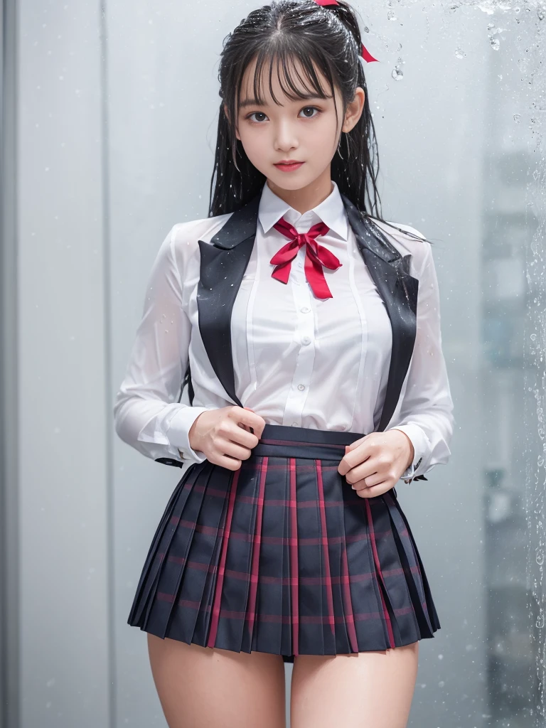 ((smile))、Confused、RAW Photos、(((The ultimate portrait masterpiece)))、((The cutest girl in the world))、1 Girl、、Japanese、Cute face、((Silky Hair))、(A high ponytail tied with a ribbon:1.4)、((Super huge breasts:1.4))、((Eyes that shine like jewels))、Glowing Skin、(young woman;Consisting of a transparent white shirt, Thin ribbon, blazer, Breathable check pattern pleated skirt.:1.5)、Winter clothes、(Uniforms made from high-quality, breathable fabric:1.4)、Ultra-detailed uniforms、(She shyly pulls up her skirt:1)、(Breathable lace panties are visible.:1.3)、((Crotch from the front))、Skirt fluttering in the wind、eyeliner、Beautiful Bangs、Hair between the eyes、((solve、High resolution))、Detailed Background、8 QHD、Digital SLR、Soft Light、high solve、Film Grain、Fujifilm XT3、Shallow depth of field、自然なSoft Light、Tight waist,(sometimes upskirt:30%),(Nipples pumping:20% or pussy line pumping:20%),(Get wet from heavy snow:50% or get wet in heavy rain:50%)